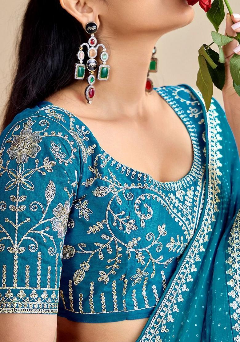 Sky Blue Printed Chiffon Saree Set - Indya