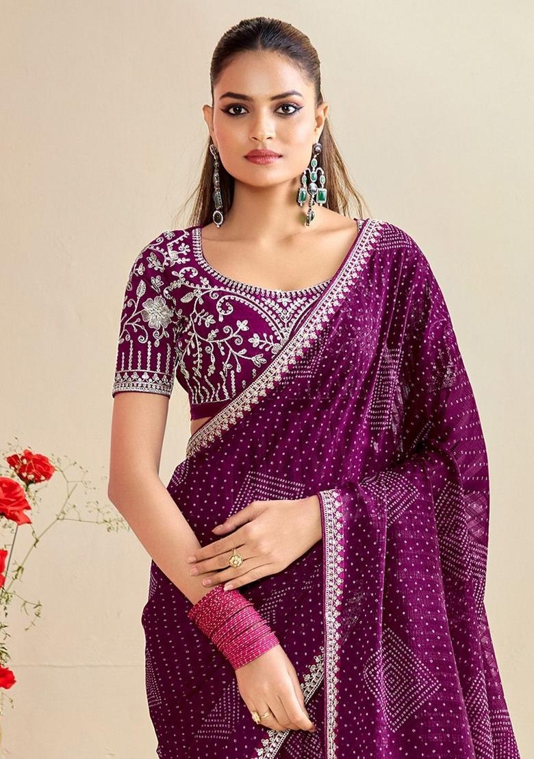 Wine Printed Chiffon Saree Set - Indya