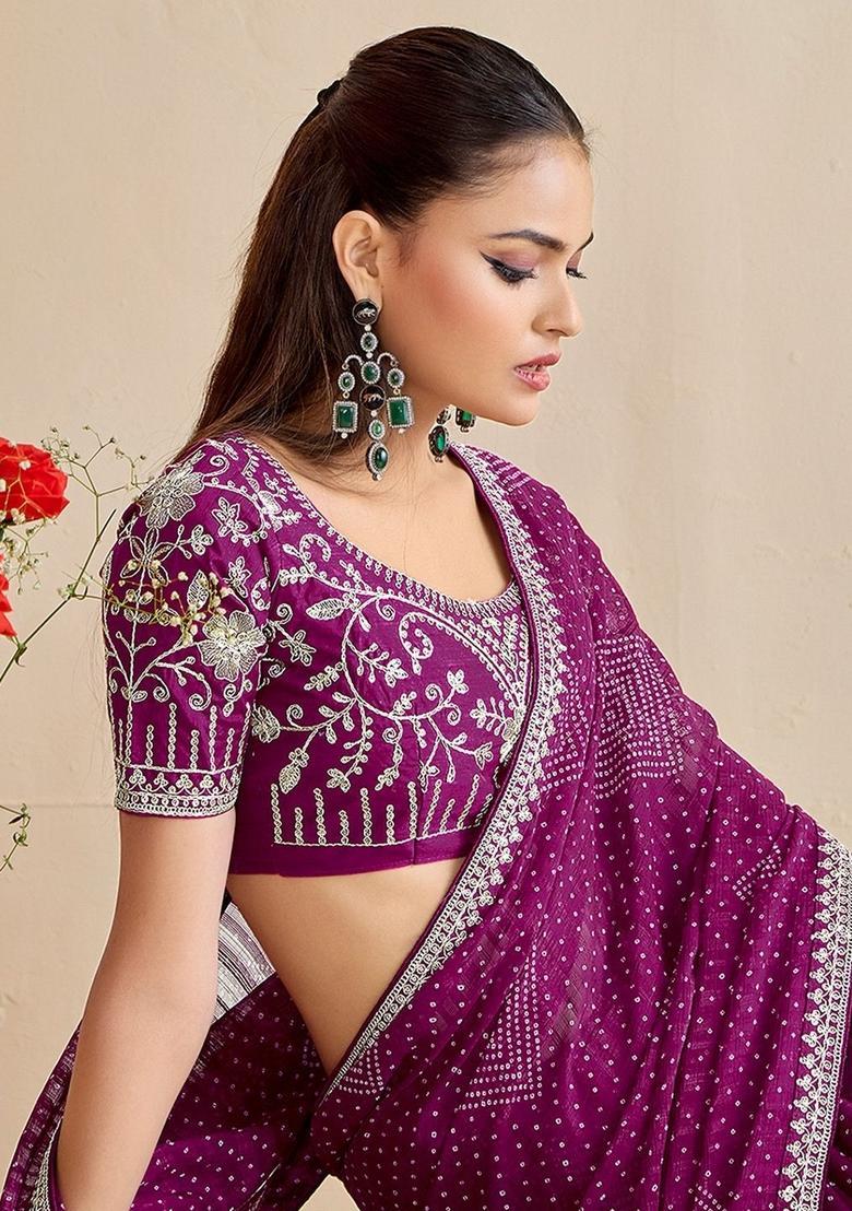 Wine Printed Chiffon Saree Set - Indya