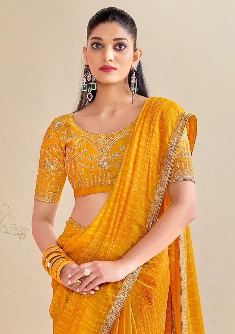 Yellow Printed Chiffon Saree Set - Indya