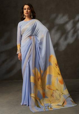 Grey Printed Silk Saree Set
