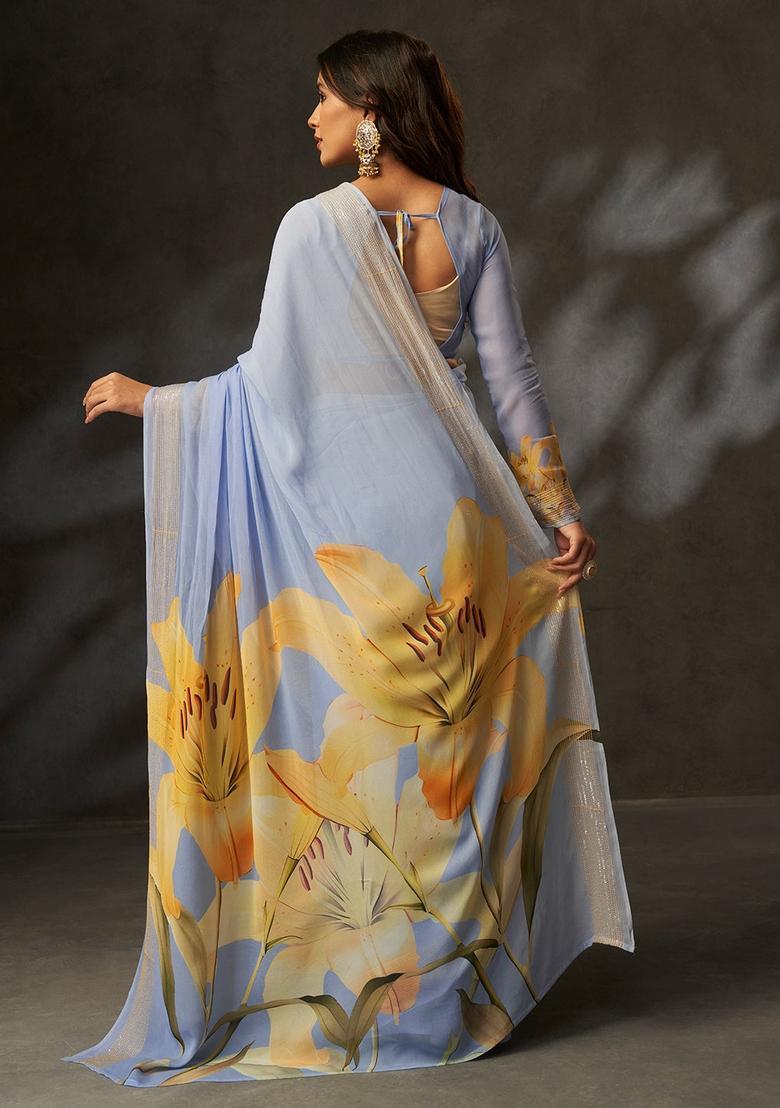 Grey Printed Silk Saree Set - Indya
