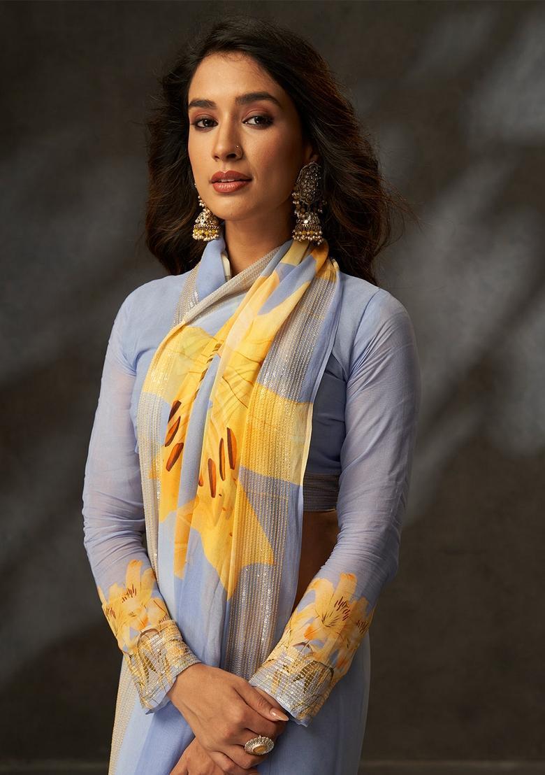 Grey Printed Silk Saree Set - Indya