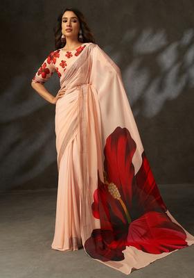 Peach Printed Silk Saree Set