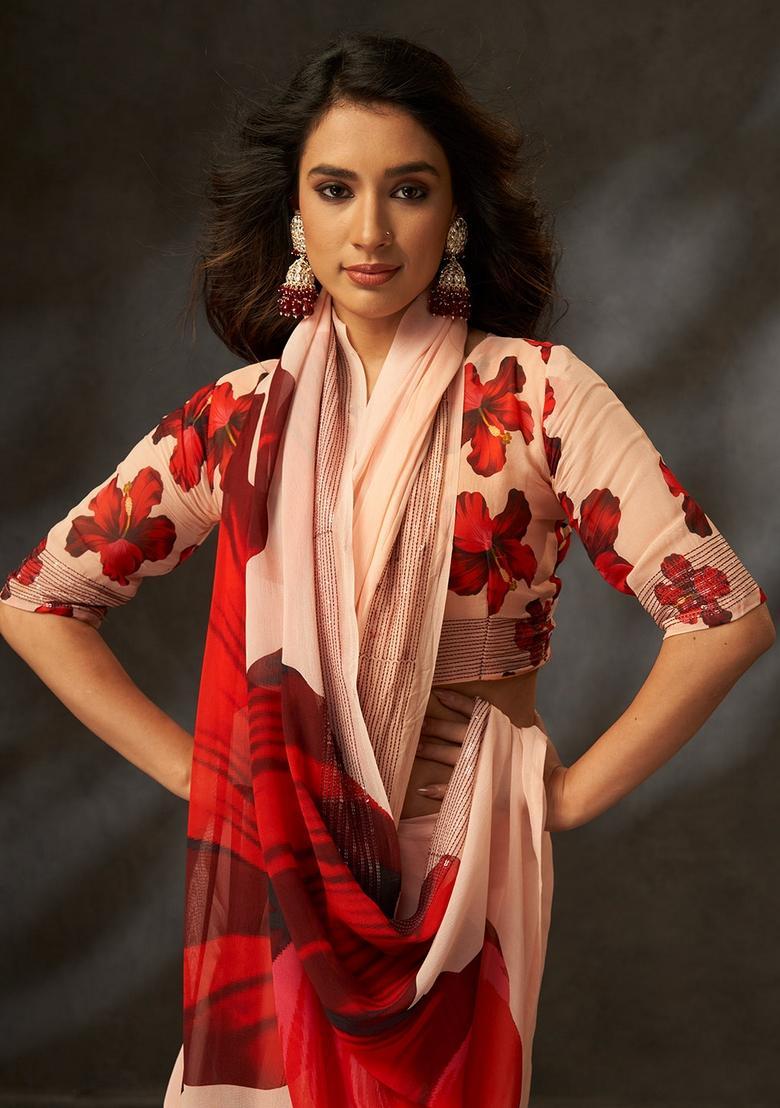 Peach Printed Silk Saree Set - Indya