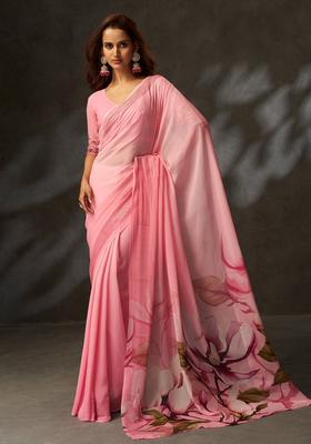 Pink Printed Silk Saree Set