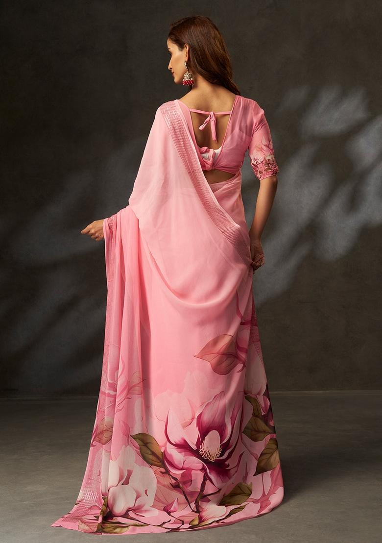 Pink Printed Silk Saree Set - Indya
