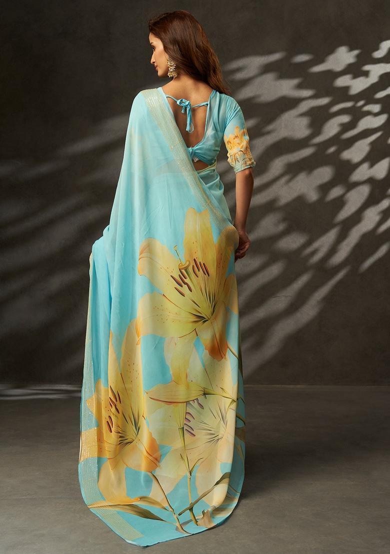 Sky Blue Printed Silk Saree Set - Indya