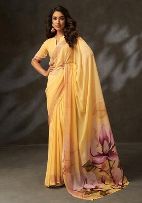 Yellow Printed Silk Saree Set