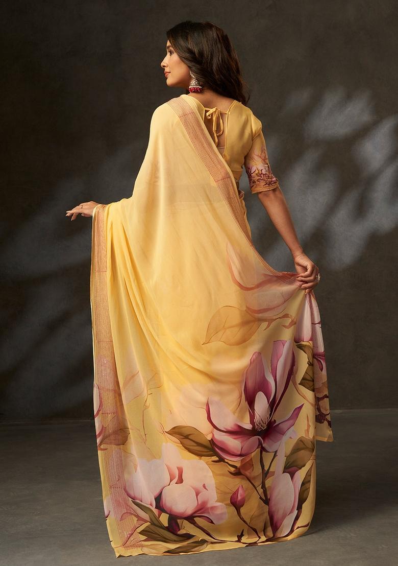Yellow Printed Silk Saree Set - Indya