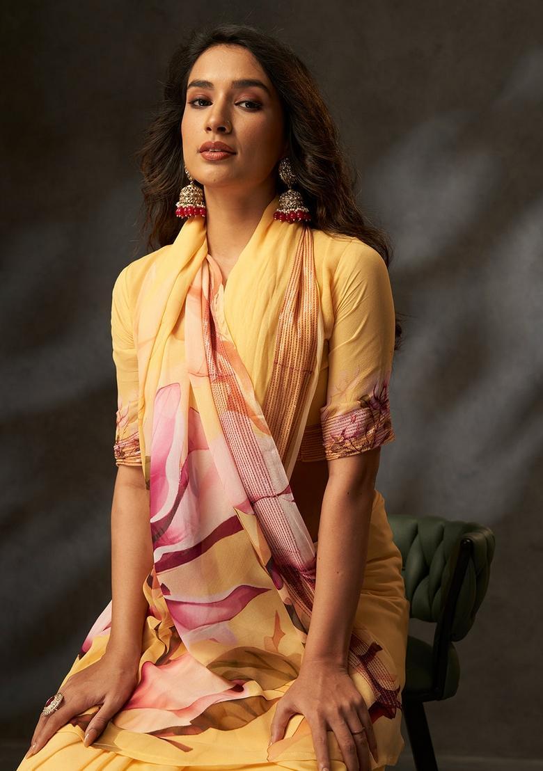 Yellow Printed Silk Saree Set - Indya