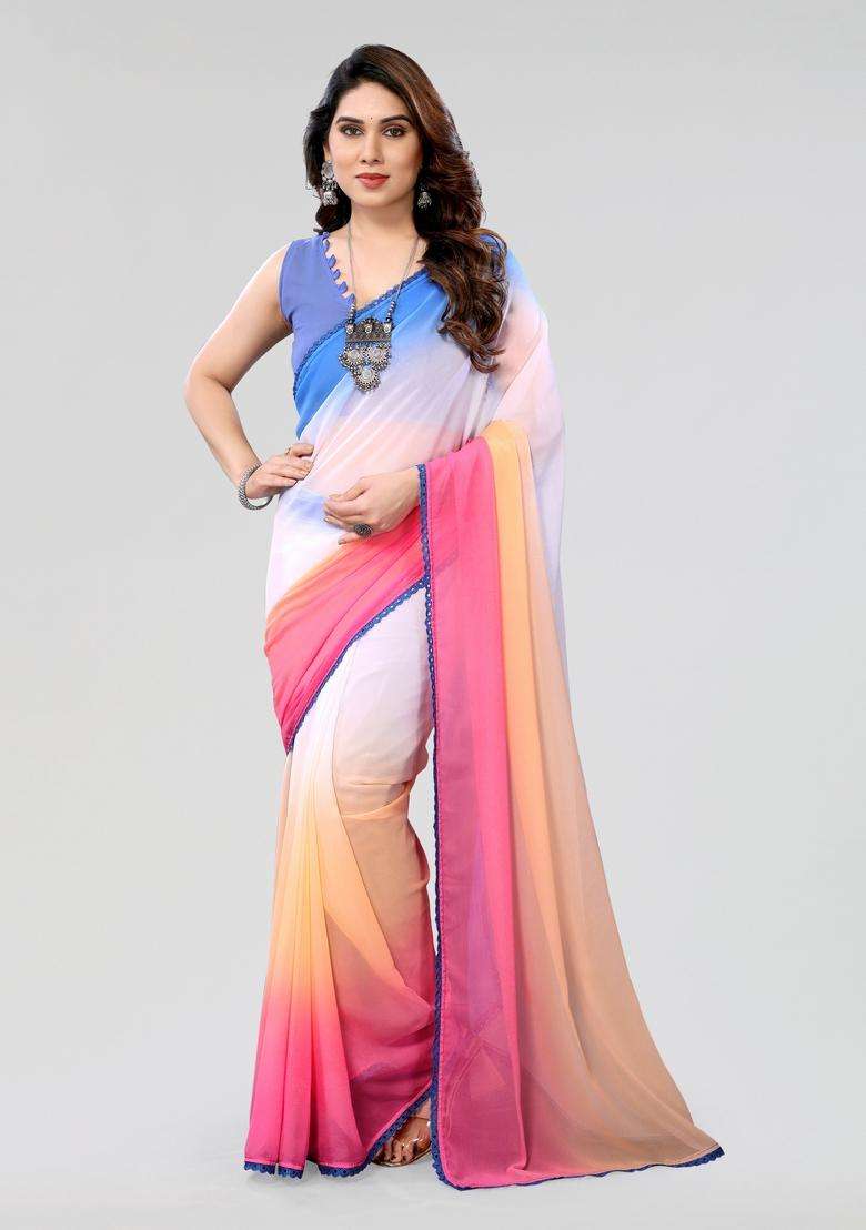 Sky Blue Georgette Saree Set with Printed for Diwali | Wedding & Festive Wear - Indya