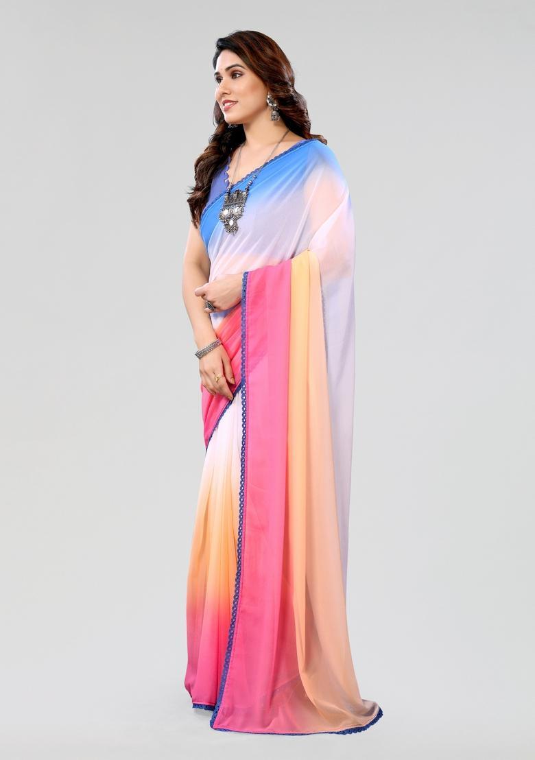 Sky Blue Printed Georgette Saree Set - Indya