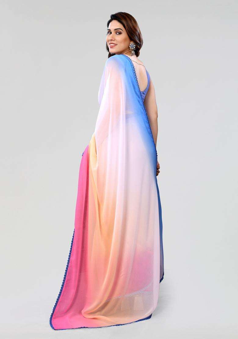 Sky Blue Georgette Saree Set with Printed for Diwali | Wedding & Festive Wear - Indya