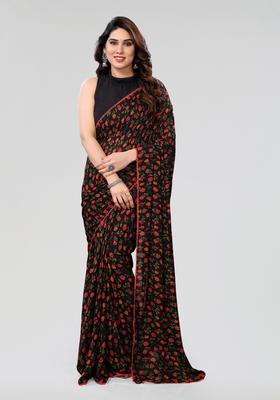 Black Printed Georgette Saree Set