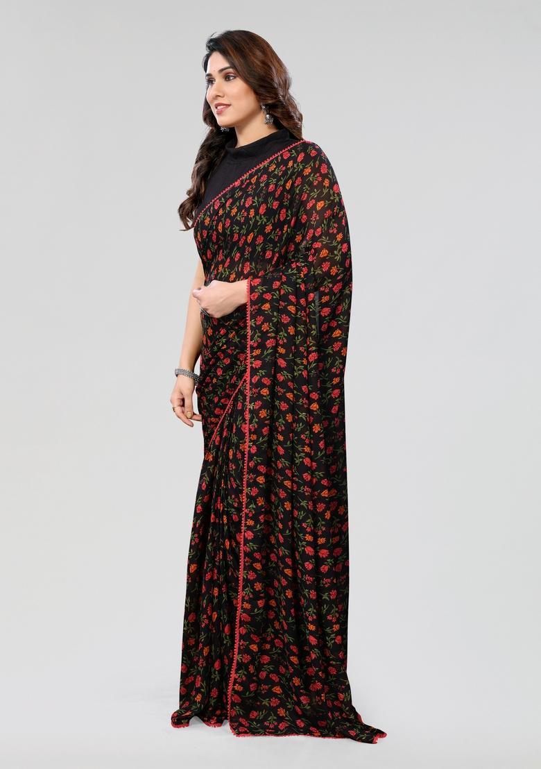 Black Printed Georgette Saree Set - Indya