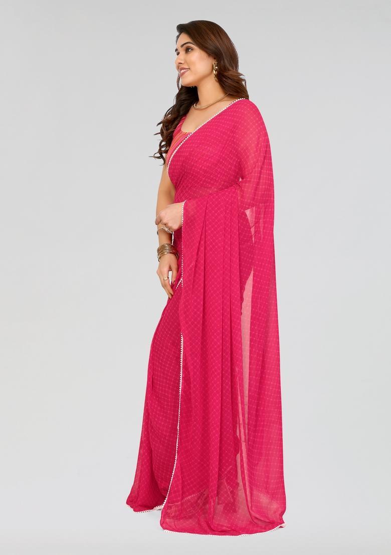 Dark Pink Printed Georgette Saree Set - Indya