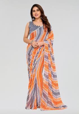 Grey Printed Georgette Saree Set
