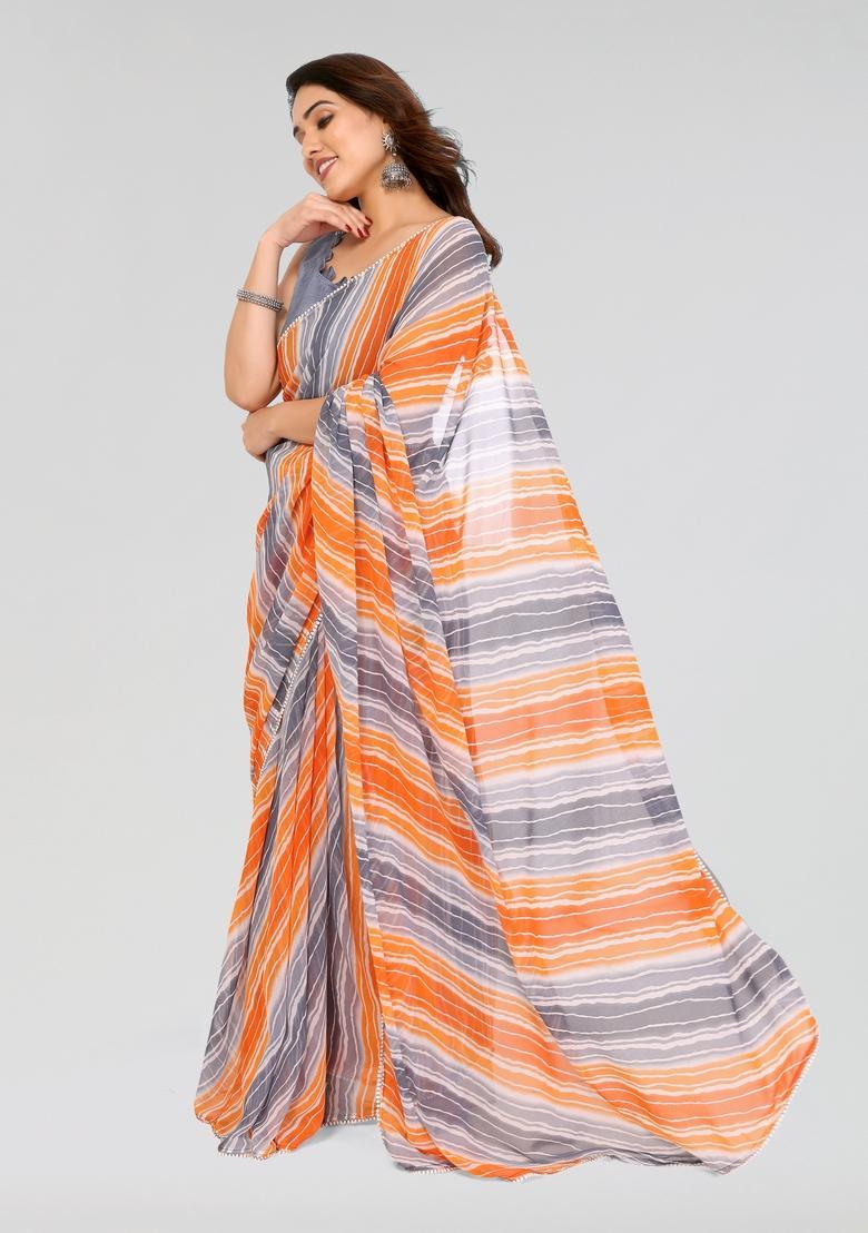 Grey Printed Georgette Saree Set - Indya