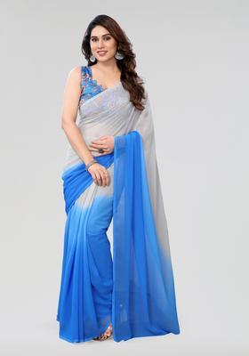 Grey Blue Printed Georgette Saree Set