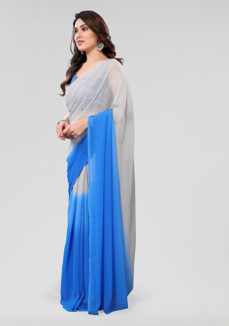 Grey Blue Printed Georgette Saree Set - Indya