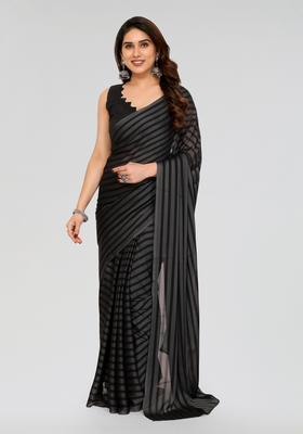 Grey Black Printed Georgette Saree Set