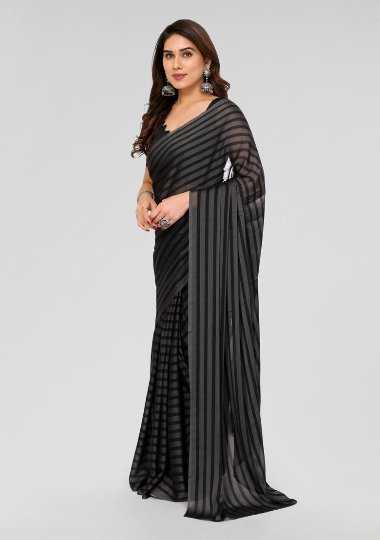 Grey Black Printed Georgette Saree Set - Indya