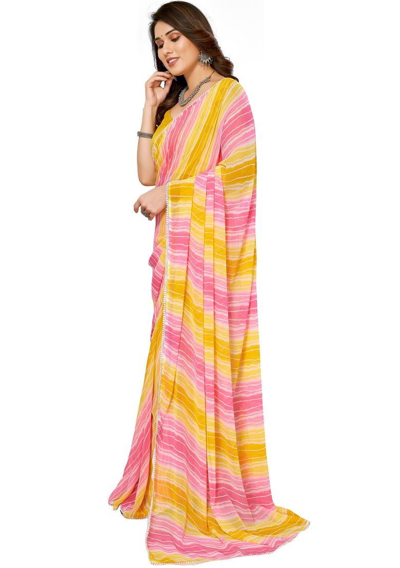 Lemon Printed Georgette Saree Set - Indya