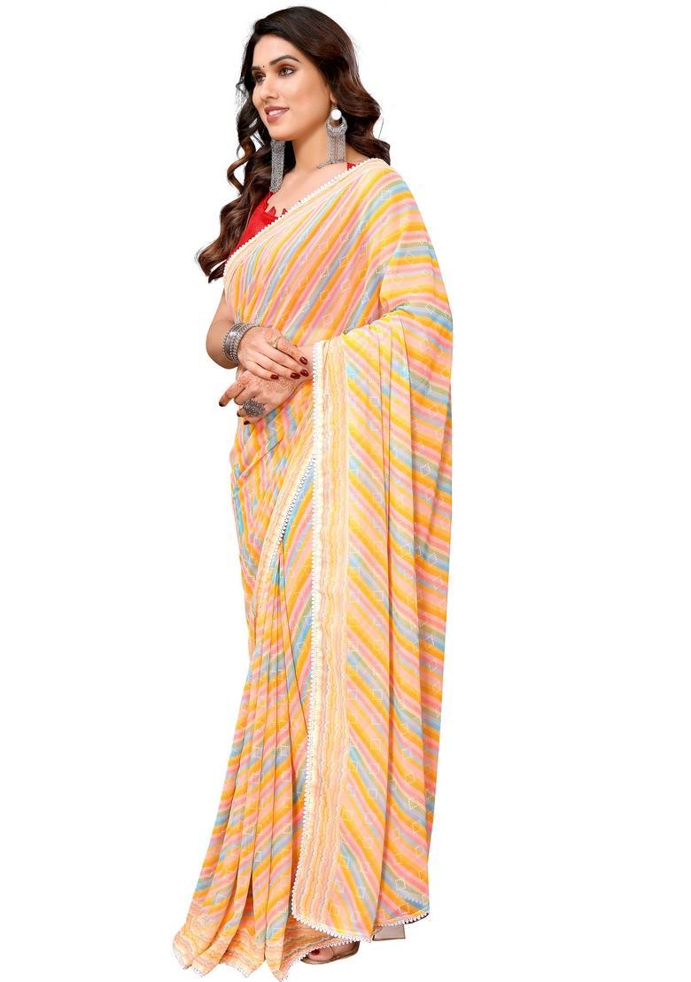 Yellow Printed Georgette Saree Set - Indya