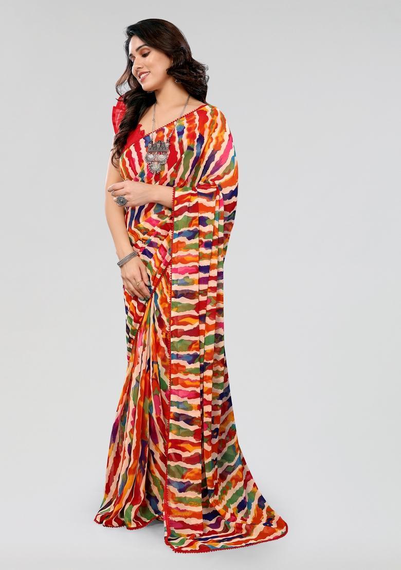 Multicolor Printed Georgette Saree Set - Indya