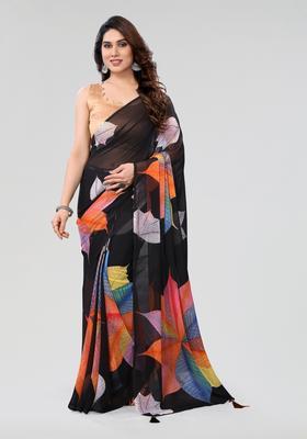 Black Printed Georgette Saree Set