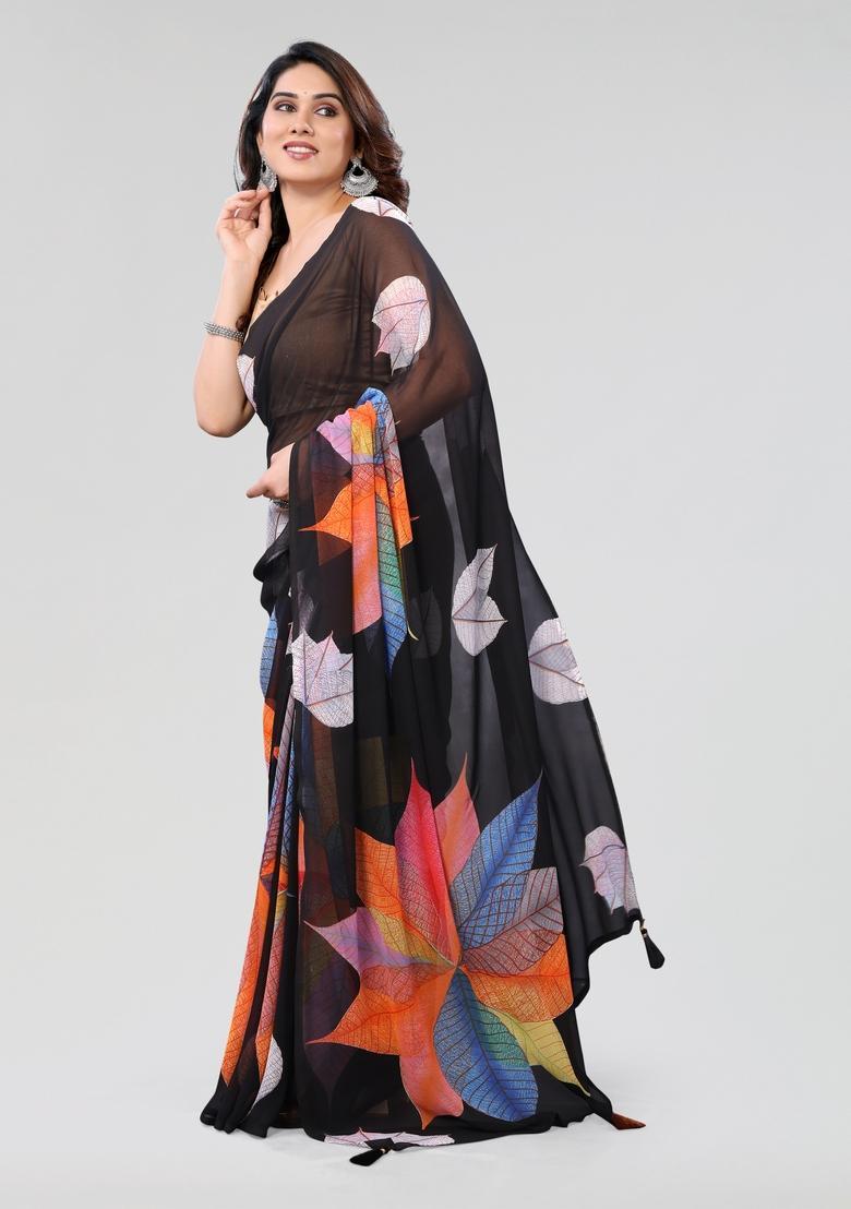 Black Printed Georgette Saree Set - Indya
