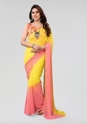 Pink Yellow Printed Georgette Saree Set