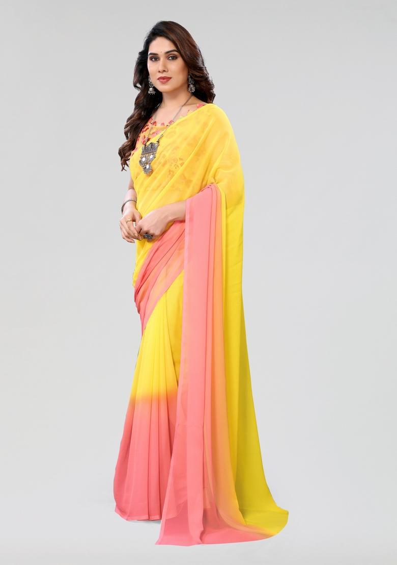Pink Yellow Printed Georgette Saree Set - Indya