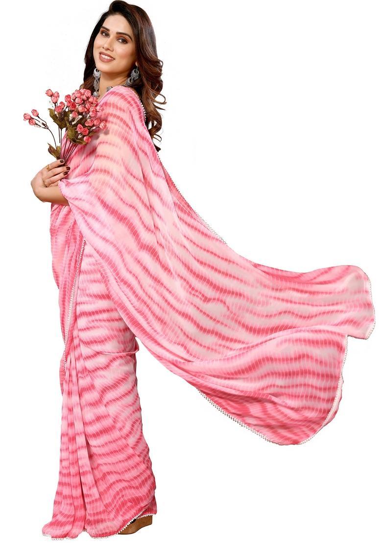 Pink Printed Georgette Saree Set - Indya