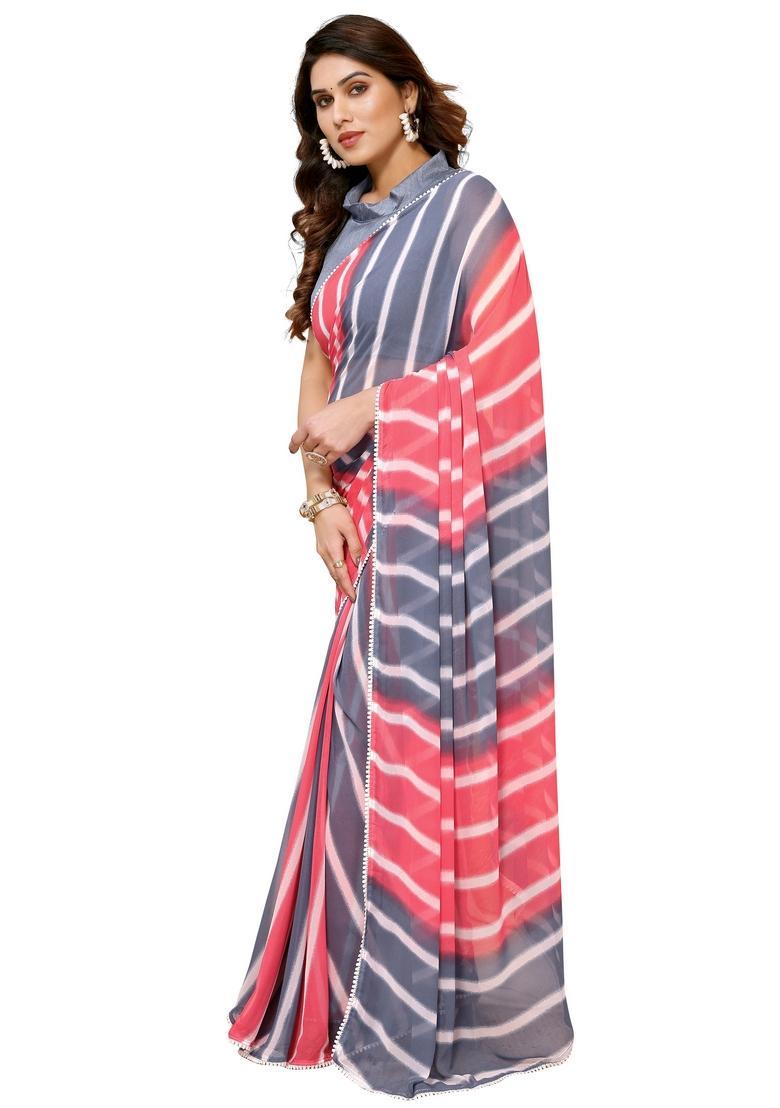 Pink Printed Georgette Saree Set - Indya