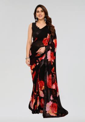 Black Printed Georgette Saree Set