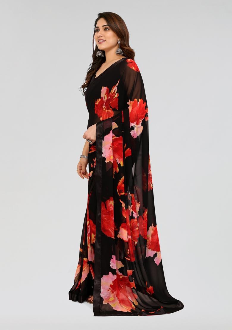 Black Printed Georgette Saree Set - Indya