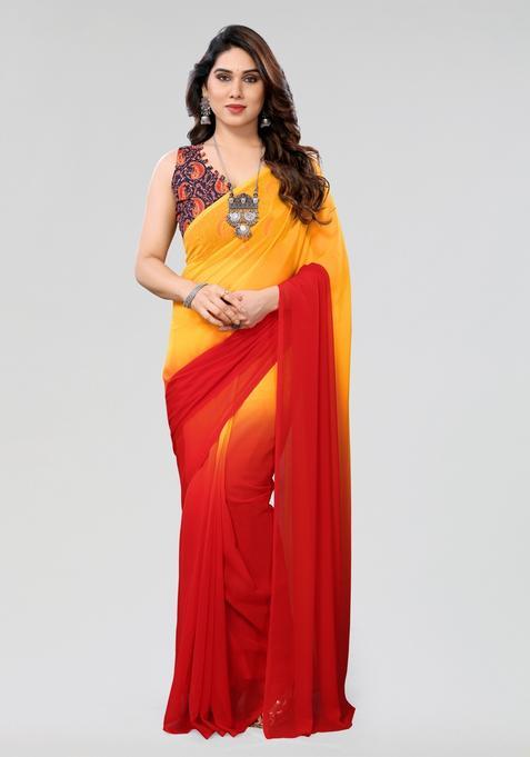 Red Orange Printed Georgette Saree Set