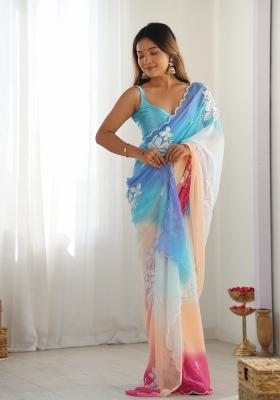 Blue Sequin Work Satin Saree Set