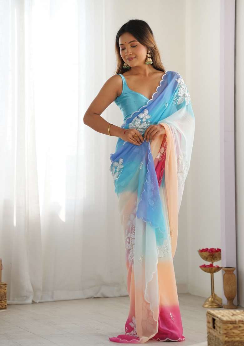 Blue Work Satin Saree Set with Sequin for Diwali | Wedding & Festive Wear - Indya