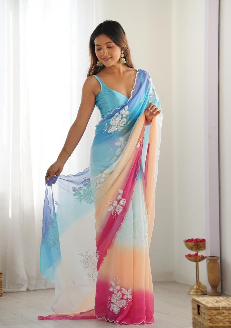 Blue Sequin Work Satin Saree Set - Indya