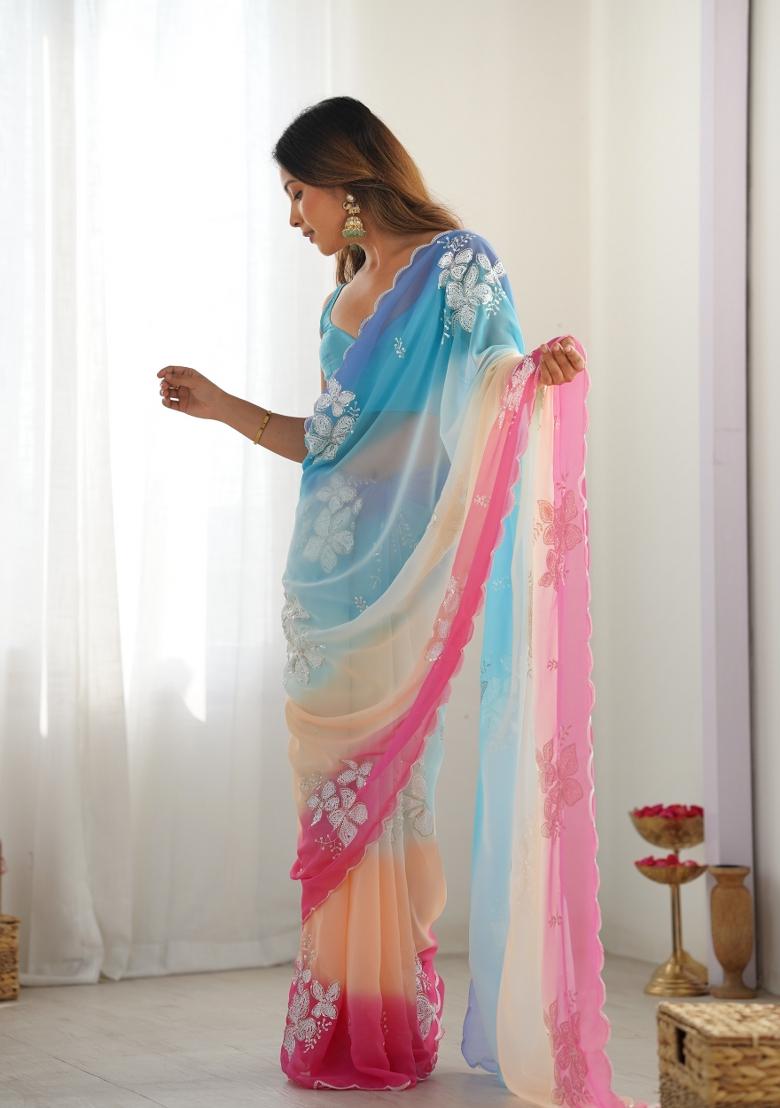 Blue Sequin Work Satin Saree Set - Indya