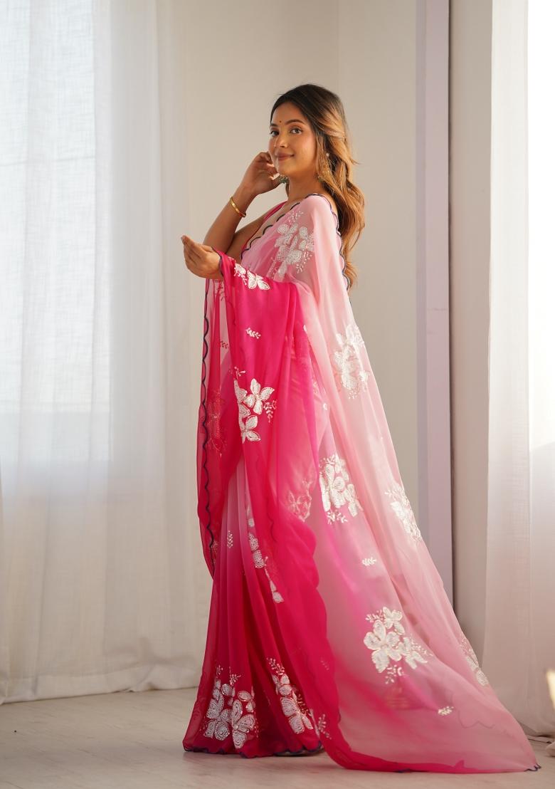 Rani Pink Sequin Work Satin Saree Set - Indya