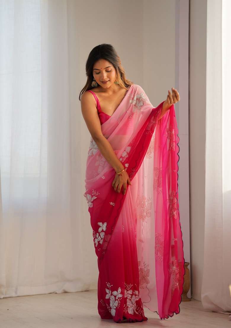 Rani Pink Work Satin Saree Set with Sequin for Diwali | Wedding & Festive Wear - Indya