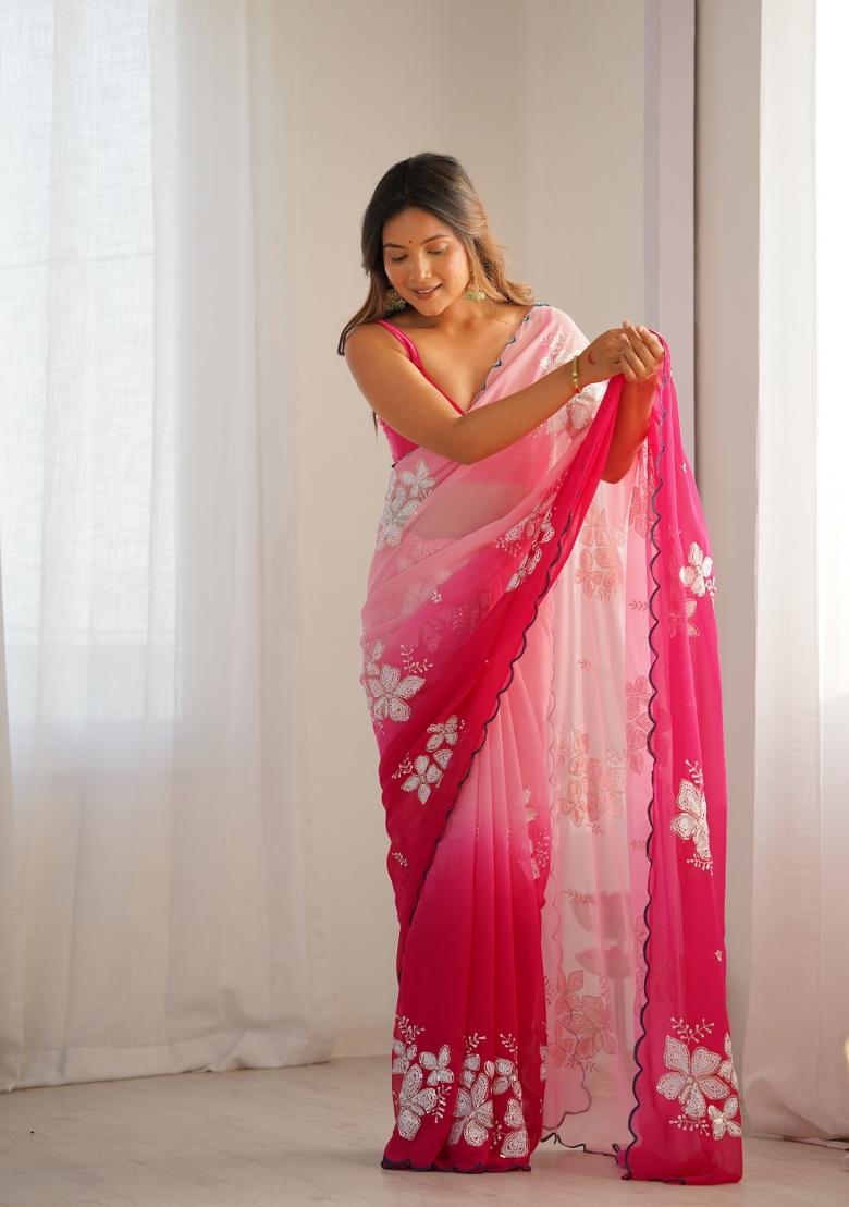 Rani Pink Sequin Work Satin Saree Set - Indya