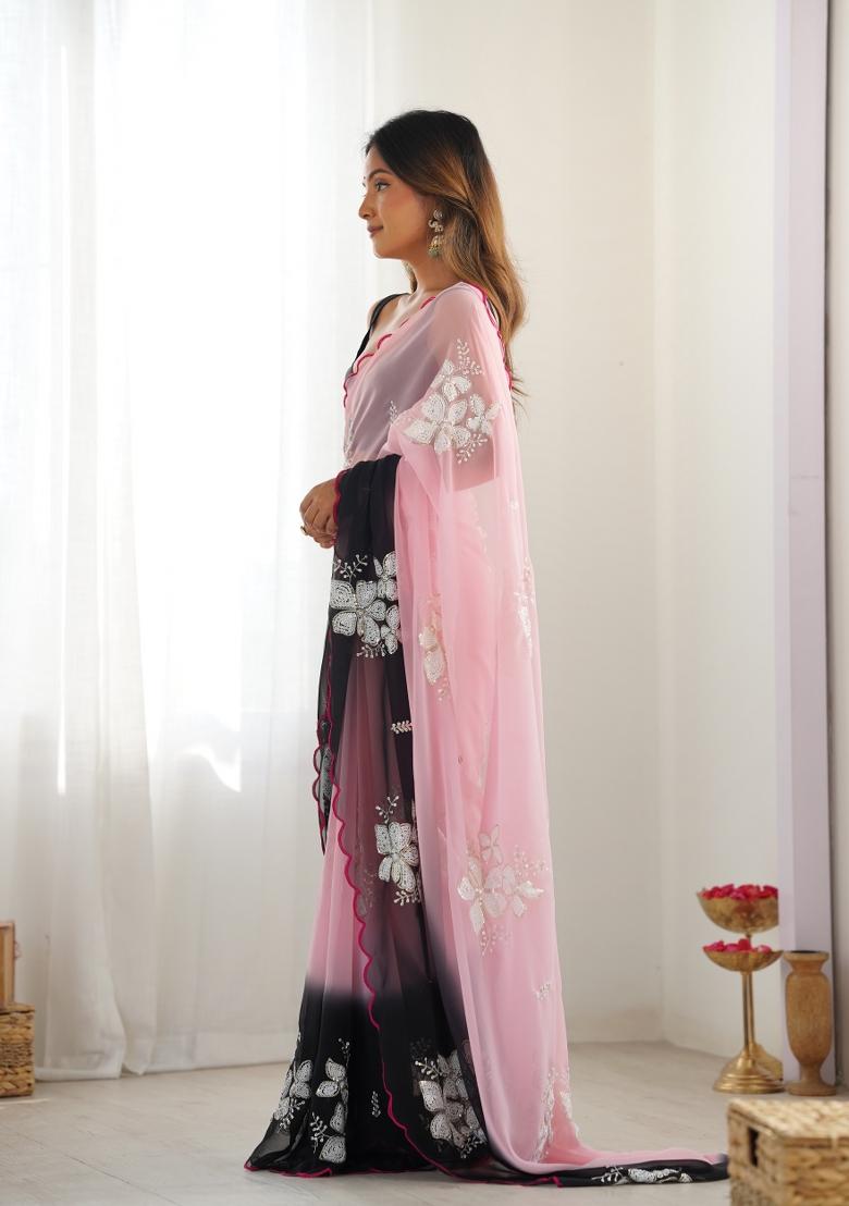 Black Sequin Work Satin Saree Set - Indya