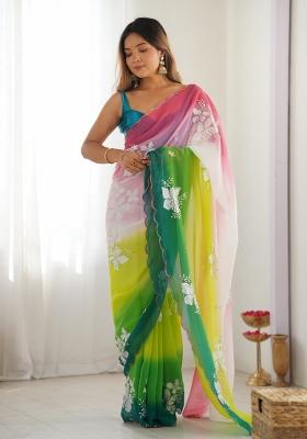 Blue Sequin Work Satin Saree Set