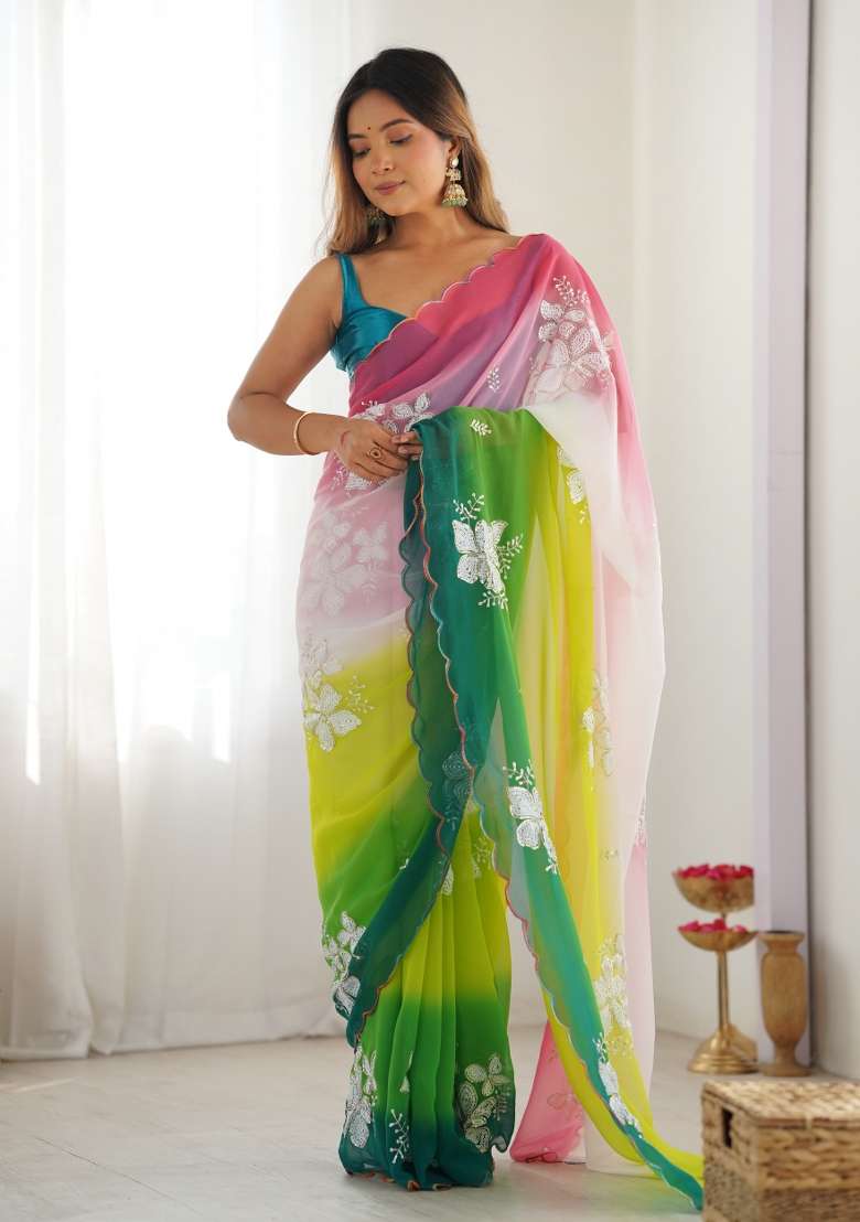 Blue Work Satin Saree Set with Sequin for Diwali | Wedding & Festive Wear - Indya