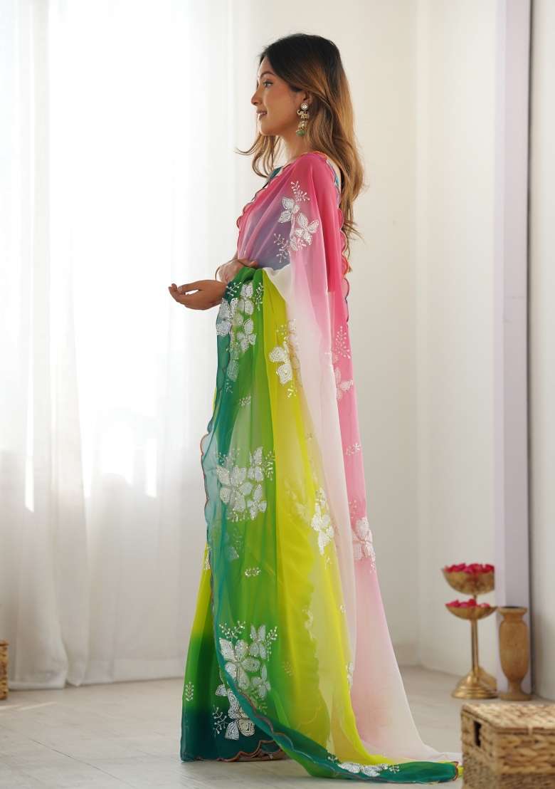 Blue Work Satin Saree Set with Sequin for Diwali | Wedding & Festive Wear - Indya
